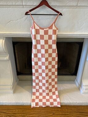 Pink Checkerboard Spaghetti Strap Knit Dress